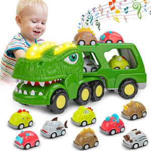 lot 1274 image: HEGUD Dinosaur Car Toy for 1 2 3 4 5 Years Old Boys, 9-in-1 Friction Power Carrier Truck Toys for Kids 3-5, Christmas Birthday Gift with Sound & Lights for Boys Girls Kids Toddlers for Age 3-9
