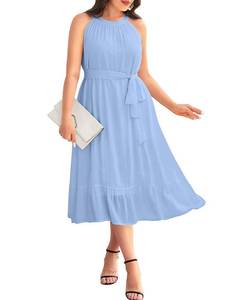 lot 1278 image: Pinup Fashion Plus Size Summer Sun Dress for Women 2023 Light Blue Halter Neck Sleeveless Ruffle Casual Beach Flowy Midi Dresses 26W