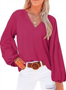 lot 1282 image: SHEWIN Blouses for Women Dressy Casual Solid Lantern Long Sleeve Boho Tops Loose V Neck Spring Shirts Trendy Fall Clothes for Women 2024,US 16-18(XL),Rose