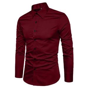 lot 1292 image: LOCALMODE Slim Fit Long Sleeve Easy Care Button Down Casual Shirt Men 100% Cotton Plain Business Dress Shirts Wine Red Large
