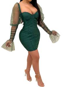 lot 1293 image: Uni Clau Women Sexy Mesh Sheer Puff Long Sleeve Mini Dress Bodycon Deep V Neck Patchwork Party Clubwear Dress Green S