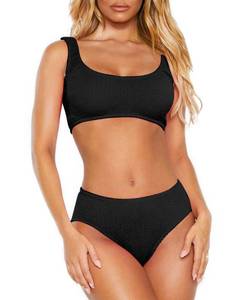 lot 1314 image: DaiLiWei Womens High Waisted Swimsuits Two Piece Sports Bathing Suits Padded Crop Top Ribbed Bikini Sets Full Coverage Bottom Black