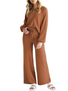 lot 1322 image: ANRABESS Womens Two Piece Crop Top &amp Wide Leg Pants Lounge Sweater Sets 2024 Fall Knit Sweatsuits Cozy Trendy Outfits Red Brown Medium