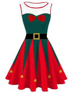 lot 1348 image: UNIFACO Womens Plus Size Christmas Dresses Red Green Print Round Neck Flared Sleeveless Cocktail Dress with Lace