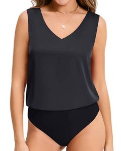 lot 1354 image: MANGOPOP Womens Body Suits V Neck Loose Fit Satin Blouse Sleeveless Tank Bodysuit Tops Brick Red Small