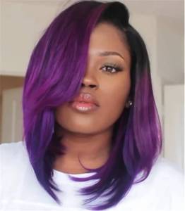 lot 1357 image: Divine Hair Short ombre purple bob wigs with bangs Short Straight Bob Wigs With Bangs Purple Bob wigs for women Short Pixie Bob Haircut ombre Purple wig bob side part (Black Purple)