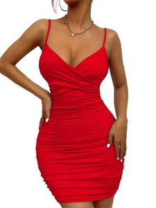 lot 1358 image: Women V Neck Spaghetti Strap Dress Ruched Tank Dress Bodycon Club Party Mini Dress HS060 S Red