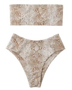 lot 2152 image: OMKAGI Women Bandeau Bikini High Waisted Sexy Leopard Print Strapless Swimsuits(Small,Snakeskin Brown-61)