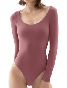 lot 2155 image: PUMIEY Long Sleeve Bodysuit For Women Sexy Scoop Neck Tops Body Suits Women Fall Bodysuits Marsala X-Large