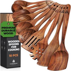 lot 2177 image: Wooden Spoons for Cooking, 10 Pcs Teak Wood Cooking Utensil Set Wooden Kitchen Utensils for Nonstick Pans &amp Cookware Sturdy, Lightweight &amp Heat Resistant