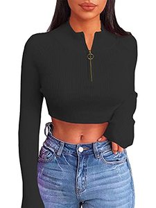 lot 2186 image: Artfish Women Long Sleeve Turtleneck Ribebd Crop Top Zip Sexy Cropped Fitted Shirts Black XL