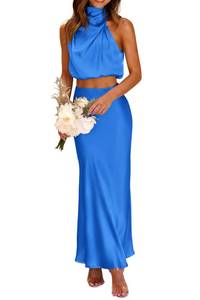 lot 2192 image: PRETTYGARDEN Womens 2 Piece Satin Outfits Summer Sleeveless Mock Neck Crop Tops and Long Skirt Dress Sets (Brilliant Blue,Small)