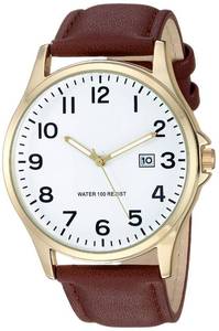 lot 2193 image: Amazon Essentials Mens Easy to Read Gold-Tone and Brown Strap Watch
