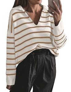 lot 2197 image: CFLONGE Womens 2024 Fall Winter Casual Breton Striped Long Sleeve Polo V Neck LightweightPullover Sweater Loose Fit Drop Shoulder Knitted Shirts Tops(Small,Light Brown)