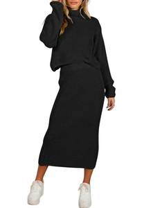 lot 2199 image: Womens Fall 2 Piece Sweater Set Rib Knit Long Sleeve Cross Criss Top Maxi Bodycon Skirt Casual Outfits Dress Black M