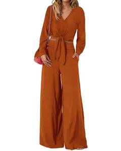 lot 2229 image: PRETTYGARDEN 2 Piece Outfits For Women Trendy Soft Cropped Tops Wide Leg Pant Sets Fall Matching Sets For Work Business(Solid Brown Orange,X-Large)