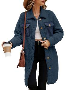 lot 2236 image: EVALESS Fuzzy Fleece Jackets for Women Fashion Button Down Lapel Long Sherpa Jacket Coat Fall 2023 Outfits Comfy Long Sleeve Loose Shacket Faux Fur Warm Winter Outwear Cardigan with Pockets Blue Small