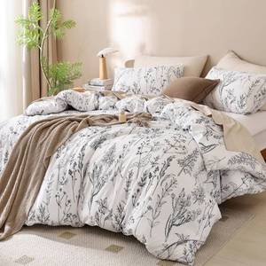 lot 2237 image: JANZAA White Duvet Cover Queen Size 3 Pieces Floral Duvet Cover with Black Botanical Patterns Soft Microfiber Bedding Set with Zipper Closure 4 Ties (2 Pillow Cases)