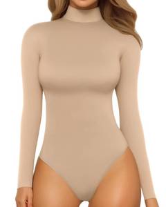 lot 2238 image: MANGOPOP Womens Mock Turtle Neck Long Sleeve Tops Bodysuit Jumpsuit (Long Sleeve Nude, Small)
