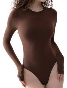 lot 2239 image: PUMIEY Long Sleeve Bodysuit For Women Sexy Body Suits Women Clothing Crew Neck Women Tops Chocolate Small