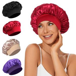 lot 2270 image: 4Pcs Satin Bonnet Silk Bonnet, Hair Bonnet for Sleeping, Elastic Wide Band Silk Sleep Cap, Soft and Breathable (Black Red Purple Gold)