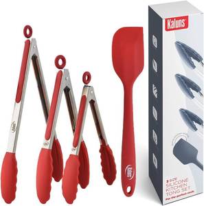 lot 2273 image: Kaluns Kitchen Tongs for Cooking Grilling Set of 4, BBQ Grill Tongs With Silicone Tip Stainless Steel Heat Resistant, Non-stick Pull Lock, Incl 7, 9, 12 Inch Tong Plus a Silicone Spatula