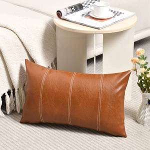 lot 2274 image: Fancy Homi Brown Boho Lumbar Faux Leather Decorative Throw Pillow Covers 12x20 Inch for Living Room Couch Bed Sofa, Hand Stitched Rectangle Cushion Case 30x50 cm, Rustic Modern Farmhouse Home Decor