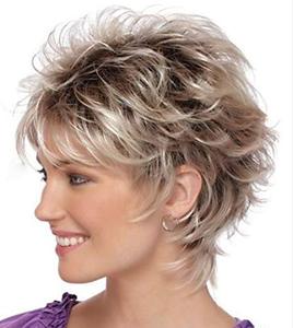 lot 2281 image: TISHINING Layered Short Blonde Pixie Wigs for White Women Dark Brown Ombre Blonde Pixie Cut Wig with Bangs Synthetic Natural Looking Daily Party Wig