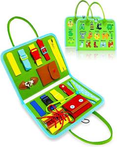 lot 2282 image: Gojmzo Busy Board Montessori Toys for 1 2 3 Year Old Boys & Girls Gifts, Sensory Toys for Toddlers 1-3, Autism Educational Travel Toys, Preschool Activities Learning Basic Dress Skills (Green)