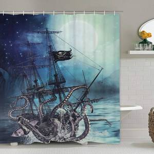 lot 2286 image: Octopus Shower Curtain Ocean Kraken Attack Nautical Pirate Ship Shower Curtain with 12 Hooks, Octopus Tentacles Sailboat Wave Mountain Under Moon Starry Sky Shower Curtain, Waterproof Durable
