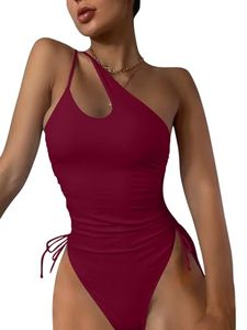 lot 2308 image: Lilosy Sexy Shoulder Tummy Control One Piece Swimsuit Ruched High Cut Leg Rise Bikini Cutout Thong Cheeky Brazilian Bathing Suit Women Drawstring String Tie Side Monokini Burgundy Red 2# X-Large