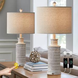 lot 2320 image: BOBOMOMO 3-Way Dimmable Touch Control Table Lamp Set of 2 with Dual USB Charging Ports for Bedroom Living Room Vintage Rustic Farmhouse Traditional Nightstand Bedside Lamps(Bulbs Included)
