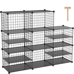 lot 2321 image: C&AHOME Wire Cube Storage Unit, Interlocking Metal Wire Organizer with Divider Design, Modular Cabinet with Plastic Panels, Bookshelf Stackable Closet Organizer with Small Hooks, Black UWCSIM08B
