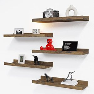 lot 2329 image: RICHER HOUSE 5 Set Floating Shelves for Wall Decor, Wall Mounted Book Shelf, Nursery Shelves Picture Ledge Shelf with Lip for Wall Storage, Bedroom, Living Room, Bathroom - Brown