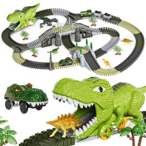 lot 2331 image: TUMAMA Dinosaur Toys Race Track, 281 Pcs Dinosaur Train Set for Kids 3-5 5-7, Flexible Train Tracks with 4 Dinosaurs Figures, 2 Electric Race Cars with Light, Create A Dinosaur Road Race for Toddlers