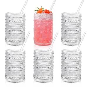 lot 2333 image: KMIGRUAN Hobnail Drinking Glasses with Straws 15oz Vintage Glassware Set of 6 Embossed Vintage Water Cups, Highball Glasses for Cocktail,Whiskey,Beer and Juice