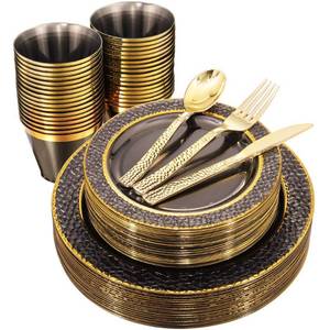 lot 2340 image: Nervure 150PCS Clear Black Plastic Plates - Gold Plastic Plates with Gold Plastic Silverware Include 25Dinner Plates, 25Dessert Plates, 25Cups, 25Forks, 25Knives, 25Spoons for Wedding Party