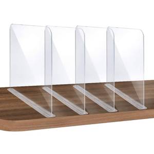 lot 2343 image: ROUFA 4Pcs Clear Acrylic Shelf Dividers, Adjustable Closet Organizer Fit for Any Thickness of Shelves, Multi-Purpose Wood Shelf Separators for Bedroom, Kitchen, Office, Bathroom, 11.8x11