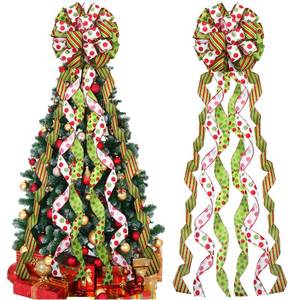 lot 2377 image: Tigeen Christmas Tree Bow Topper 52 x 12 Inch Red Green White Polka Dot Large Toppers Gift Bow Present Bow with Glitter Streamers for Wreaths Xmas Party Holiday Festival Decorations