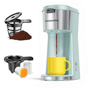 lot 2383 image: Famiworths Single Serve Coffee Maker for K Cup & Ground Coffee, With Bold Brew, One Cup Coffee Maker, 6 to 14 oz. Brew Sizes, Fits Travel Mug, Fresh Green