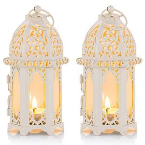 lot 2394 image: NUPTIO 2 Pcs Moroccan Style Candle Lantern - Small Sized Tealight Candle Holder with Transparent Glass Panels Great for Patio, IndoorsOutdoors, Events, Parties and Weddings, White