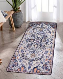 lot 2413 image: Lahome Bohemian Floral Medallion Runner Rug - 2x4 Blue Soft Bathroom Rug Runner Entry Way Mat, Washable Non Skid Laundry Room Carpet Runner for Living Room Dining Room Kitchen Entrance