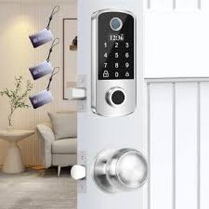 lot 2171 image: Bebasia Fingerprint Door Lock Set Satin Nickel