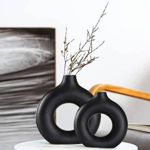lot 3115 image: Black Ceramic Vase Set 2 for Modern Boho Decor,Round Matte Pampas Flower Vases Minimalist Nordic Boho Ins Style for Wedding Dinner Table Party Living Room Office Bedroom, Decorative Gift