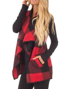 lot 3119 image: Vemubapis Women Buffalo Plaid Sleeveless Vest Lapel Draped Open Front Cardigan Jacket with Pockets Red M