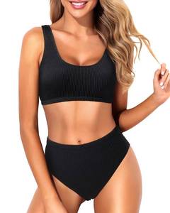 lot 3133 image: Tempt Me Women Black Sporty High Waisted Bikini Two Piece Ribbed Swimsuit Scoop Neck Bathing Suit with Bottoms M