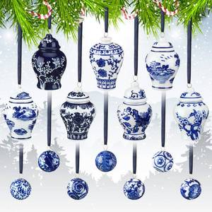 lot 3135 image: 4 Pcs White and Blue Ginger Jar Christmas Ornaments Mini Porcelain Hanging Ornaments Ball Chinoiserie Christmas Ornaments Ball Chinoiserie Porcelain Christmas Vintage Decor for Christmas Tree