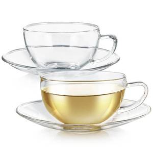 lot 3143 image: Teabloom Kyoto Teacup and Saucer Set 2-Pack Medium Size 8 OZ 240 ML Capacity Crystal Clear Design Premium Borosilicate Glass Heat Resistant, Microwave Safe