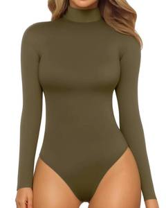 lot 3147 image: MANGOPOP Womens Mock Turtle Neck Long Sleeve Tops Bodysuit Jumpsuit (Long Sleeve Army Green, Medium)
