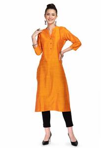 lot 3149 image: Lagi Women Straight Mandarin Collar 34 Sleeves Poly Silk Kurta, Turq (M)